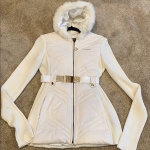 Bebe White Winter Puffer Bling Belt Jacket M
